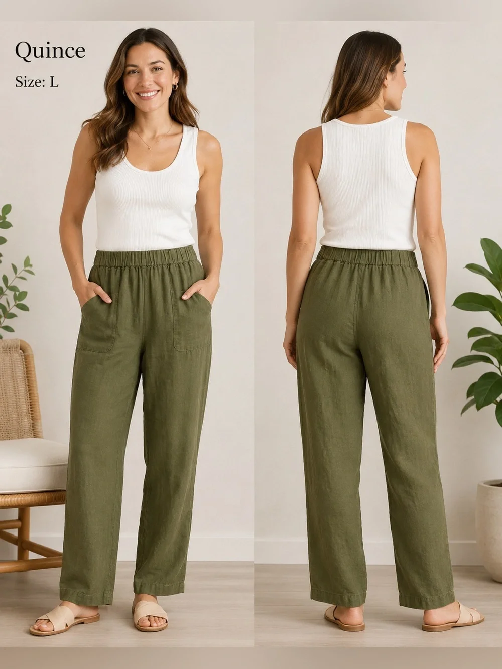 Quince Women’s Olive Green 100% Linen Pull-On Pants minimalist quiet luxury/L